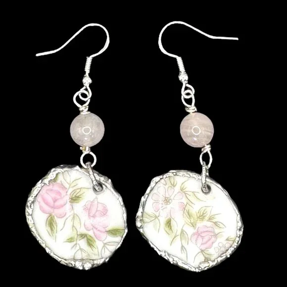 Broken China Floral Earrings W/ 925 Hooks & Silver Blend Bezel With Rose Quartz - Picture 7 of 14
